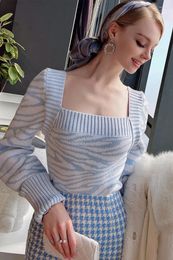 Women's Sweaters Dabuwawa Spring Autumn Female Trend Vintage Square Neck Long Sleeve Knitted Shirt Slim Sweater 2023 DF1CJS012