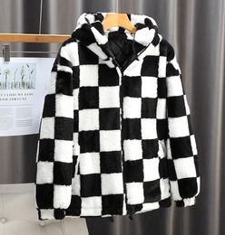 F1168 fleece mens jacket black white plaid long sleeve hooded zip up designer jacket men coat