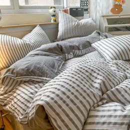 Bedding Sets Set Yarn-dyed Stripe Duvet Cover Flat Sheet Pillowcase Home Linens Grey Blue Fashion Bedclotehs Twin/Full/King 3/4pcs