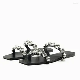 Sandals ZAZA Womens Black Flat Leather Summer 2023 Luxury Rhinestone Straps Flats Shoes Female Casual Slippers Fashion Sandal