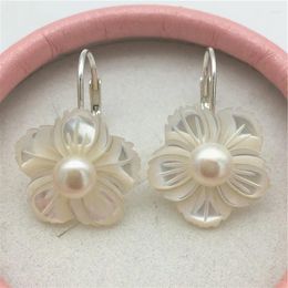 Dangle Earrings Hand Carved Real White Shell Tibetan Silvers Flower Genuine Pearl Woman Gift Fashion Jewellery Drop Earring 15MM