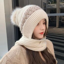 Cycling Caps Women Warm Hat Knitting Plus Two Piece Set Of Hats And Scarves Fleece Hair Winter Thicken Ear Protection Riding Cap