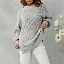 Women's Sweaters Women Solid Colour High Neck Crochet Pullover Autumn Winter Casual Loose Sweaterwith Slit Design S/M/L/XL/XXL/XXXL