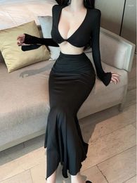 Casual Dresses WOMENGAGA Dress Sexy Spicy Girl V-neck Low Cut Short Long Sleeve Top Fishtail Two Piece Elegant For Women Fashion 5BX