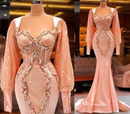 Arabic Aso Ebi Luxurious Mermaid Sexy Prom Dresses Peach Pink Lace Beaded Long Sleeves Evening Formal Party Second Reception Gowns Dress