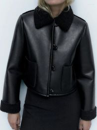 Women's Trench Coats 2023 Winter Women Black Faux Fur Jacket Ladies Lapel Leather Coat Streetwear Loose Female Thick Outwear