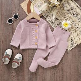 Clothing Sets Autumn Winter Kids Girls Long Sleeve Button Knit Tops And Warm Solid Colour Pants Toddler Outsuits Causal Suits For Infant