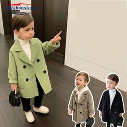 Jackets Spring Autumn 2023 Boys Child Girl Woollen Doublebreasted Baby Trench Coat Lapel Kids Outerwear Winter Wool Overcoat 231027