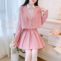 Work Dresses 2023 Autumn Preppy Style Pleated Skirt Women White Tie Shirt Sweet Pink Suit Jacket Three-piece Fashion Set Female