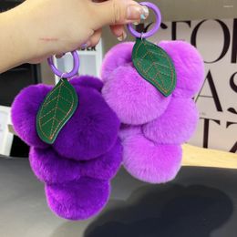 Keychains MPPM Luxury Fluffy Real Rex Fur PomPom Genuine Grape Keychain Metal Ring Pendant Bag Charm For Women