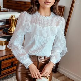 Women's Blouses Fashion Clothes Versatile Slim Long Sleeve White Blouse Autumn Contrast Hollow Lace Shirt Casual Ruffle Tops Blusas Mujer