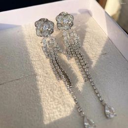 Stud Earrings Luxury Silver Color Zircon Flower Dangle Drops For Women Elegant Tassel Long Korean Jewelry