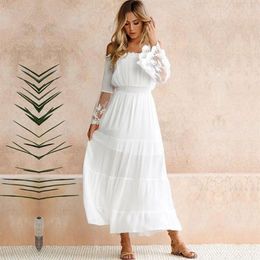 Summer Elegant Off Shoulder Long White Dress Women See Through Lace Sheer Mesh Patchwork Boho Holiday Beach Maxi Casual Dresses217N