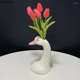 Vases Creative Swan Vase Ceramic Crafts Living Room Dining Table Flower Arrangement Decoration Modern Home Art