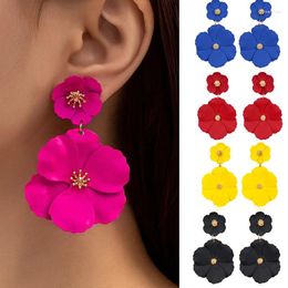 Stud Earrings Vintage Exaggerated Big Flower Drop For Women Wedding Long Colourful Double Layer Enamel Floral Post Earring