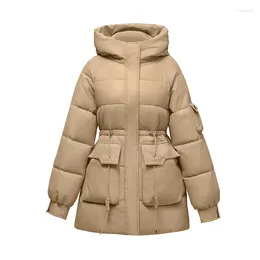 Women's Trench Coats Autumn Winter Puffer Jacket Solid Colour Hooded Big Pocket Loose Casual Medium Long Parkas Clothes Coat 5 Colours