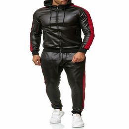 Men's Tracksuits 2021 PU Leather Hoodies Set 2 Piece Casual Sweatsuit Hooded Jacket And Pants Jogging Suit Men308Z