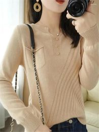 Women's Sweaters V-neck Kintwear Cotton Pullover Loose Long Sleeved Thin Bottoming Top Thread Pocket Casual Female Kint Sweater