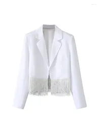 Women's Suits Women 2023 Fashion Single Button Cropped Fringed White Blazer Coat Vintage Long Sleeve Pockets Female Outerwear Chic Tops