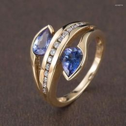 Wedding Rings Personality Trendy Gold Colors Blue Stone Ring Women's Simplicity Inlaid White Zircon Engagement For Women Party Jewelry