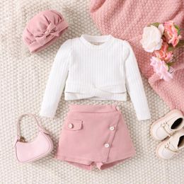 Clothing Sets Girls Winter Fashion Suits Long Sleeve Solid Colour And Pocket Short Skirts With Bowtie Hat Outfits 3PCS Costume Set For