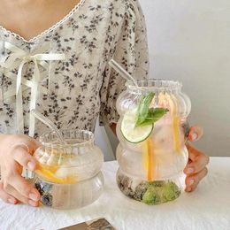 Wine Glasses Summer Cold Drink Cup Large Capacity Straw Stripe Non-slip Glass Household Milk Fruit Tea