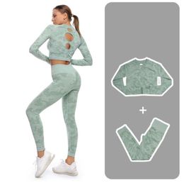 2PCS Seamless Women Yoga Set Camouflage Sportswear Fitness Clothes Long Sleeve Crop Top High Waist Sports Suits In Gym Indoor Spor2214437