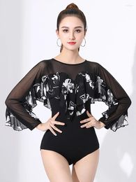 Stage Wear Women Standard Dance Bodysuit Latin Dancewear Ballroom Modern Waltz Social Mesh V-Neck Figure Skating Leotard Costumes