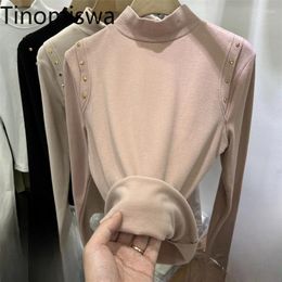 Women's T Shirts Tinomiswa Rivet Patchwork Simple Tshirts Women Half Turtleneck Long Sleeve Slim Female Fashion Inside All-match Tops