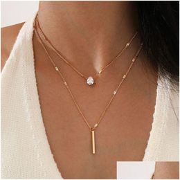 Simple Crystal Geometric Gold Color Pendant Necklace Set For Women Charms Fashion Square Rhinestone Female Vintage Jewelry Dr Dhgarden Otx5P
