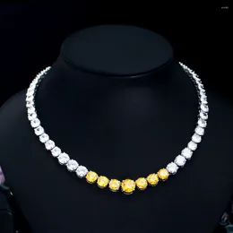 Chains ThreeGraces Shining Yellow Cubic Zirconia Stone Round CZ Tennis Chain Necklace For Women Bridal Wedding Banquet Jewelry PN203