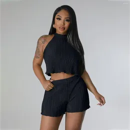 Women's Tracksuits CINESSD Summer 2023 Urban Style Comfort And Casual Pleated Cloth Sleeveless Vest Midriff Outfit Shorts Two-Piece Set