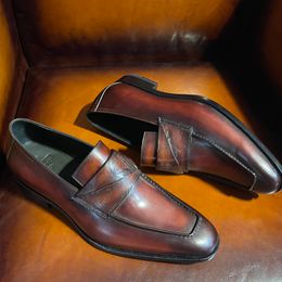 Pure handmade men's shoes high-end men's Lefu formal leather shoes cowhide upper crossbar genuine leather sole pure hand-painted-painted