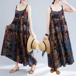 Casual Dresses 2023 Summer Loose Large Size Cotton And Linen Patchwork Color Dress Artistic Retro Printing Suspender Clothing Z160