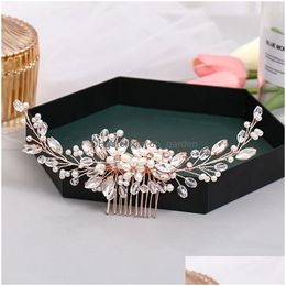 Wedding Hair Comb Rose Gold Flower Hairpin Tiara Handmade Pearl Rhinestone Headband Prom Bridal Jewellery Accessories Drop Deli Dhgarden Ot1Vz