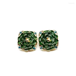 Stud Earrings Green Enamel Cute Square Alloy Elegant Statement Flowers Accessories