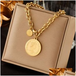 Stainless Steel Gold Colour Hip Hop Round Portrait Coin Necklace For Women Men Fashion Trend Girl Jewellery Gift Drop Delivery Dhgarden Otnks