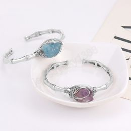 Natural Stone Cuff Bracelets Women Silver Color Wire Wrapped Irregular Raw Amethysts Aquamarine Crystal Healing Bangle