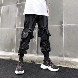 Men's Pants Solid Color Men Elastic Waist Cargo Hip Hop Style Individual Straight Leg Strap Decor