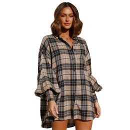 Plaid Print Blusen Shirts Womens Casual Revers Hals Lange Laterne Hülse Hemd Tops Freies Schiff