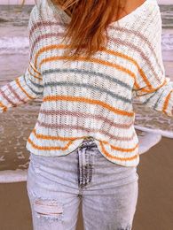 Women's Sweaters 2023 Autumn Colourful Striped Open Back Sweater White Girls Women Vintage Casual Long Sleeve Y2K Tops Loose Pullovers