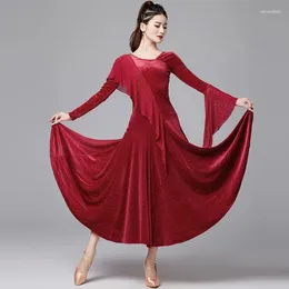 Stage Wear Ballroom Dance Dress Red Black Flare Long Sleeve Standard Dancing Costume Women Tango Waltz Performance DL11173