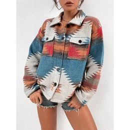 Women's Wool Blends Spring Fashion Polo Collar Single Breasted Women Jacket Jacquard Ethnic Style Female Woollen Coat Woman Top 231027