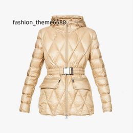 Fashion Women's winter puffer down jackets with adjustable belt custom diamond grid padding hooded jacket coat