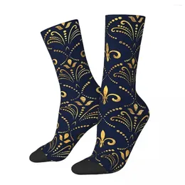Men's Socks Elegant Pattern Gold And Deep Blue Fleur De Lis Hiking 3D Print Boy Girls Mid-calf Sock