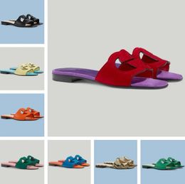 Summer Luxury Women Interlocking Sandals Shoes Cut-out Slide Flats Elegance Beach Slippers Suede & Leather Lady Flip Flops EU35-44
