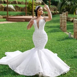 2023 Nov Arabic Aso Ebi Plus Size Lace Mermaid White Wedding Dress Beaded Crystals Luxurious Bridal Gowns Dresses ZJ222