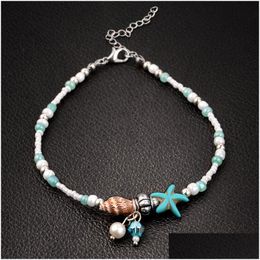 Anklets New Simple Bohemian Conch Starfish Pendant Rice Bead Foot Jewellery Leg Ankle Bracelets For Women Gifts Drop Delivery Dhaob
