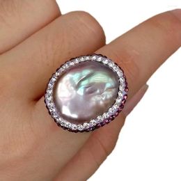 Cluster Rings Cultured Purple Keshi Pearl Ring Crystal Pave Adjustable Plated Wedding