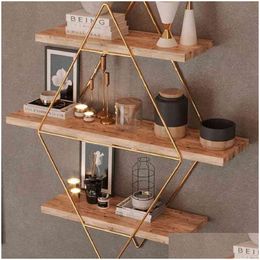 Storage Holders & Racks Prism Solid Wall 3 Shelf Kitchen Bathroom Bookcase Large Size Premium Natural Wood Gold And Black Colour Metal Dhagx